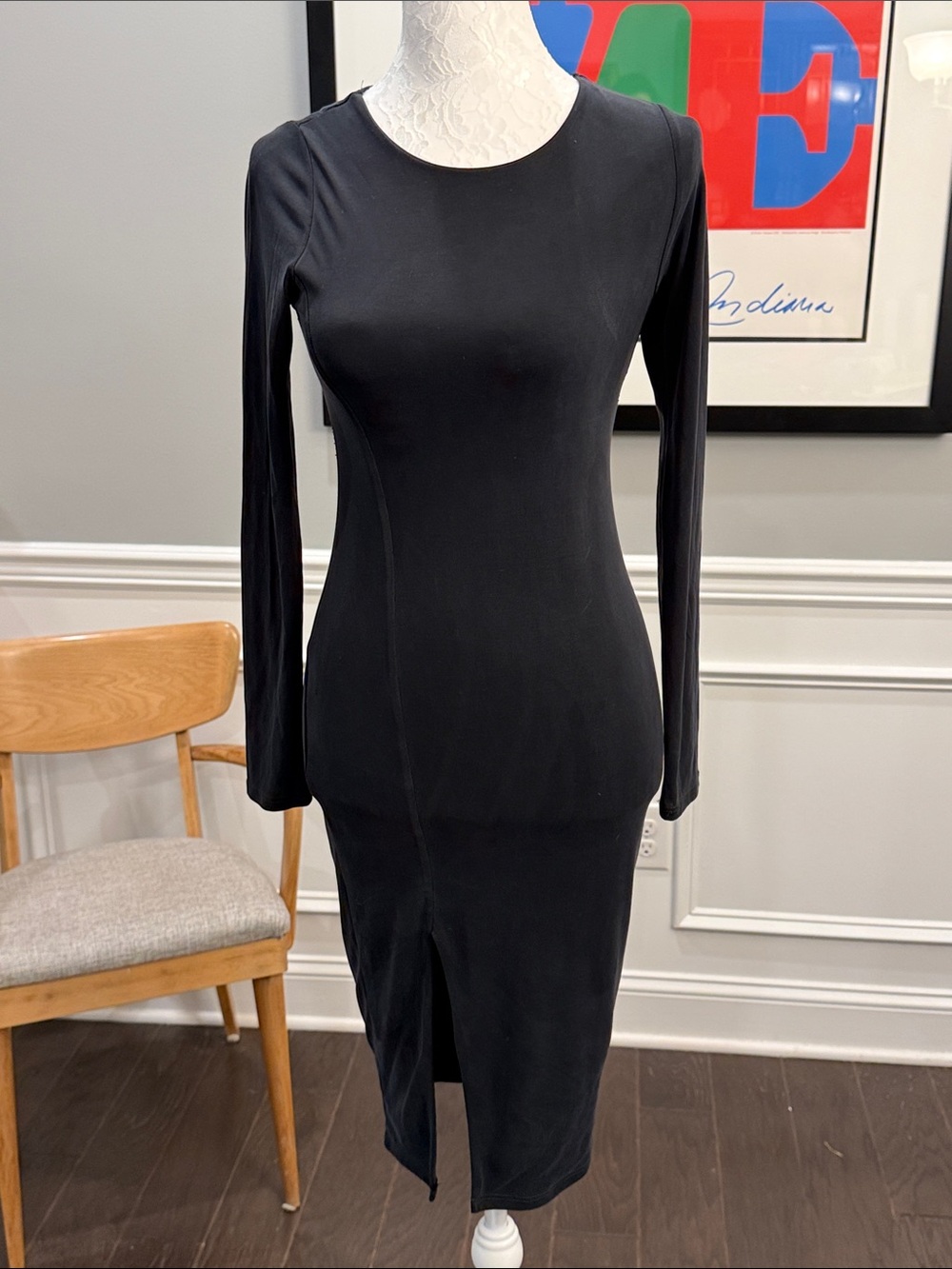 naked wardrobe Black Long-Sleeve Midi Dress with Front Slit